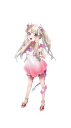 Rule 34 | 1girl, :d, absurdres, blonde hair, bow, bowtie, child, demon horns, demon tail, demon wings, dress, drill hair, fang, full body, gradient dress, hands up, herme (ohisashiburi), highres, horns, leg strap, long hair, looking at viewer, mini wings, nail polish, ohisashiburi, open mouth, original, paw pose, pink bow, pink dress, pink nails, pink sailor collar, purple bow, purple bowtie, purple eyes, quad tails, red footwear, sailor collar, sailor dress, shoes, simple background, smile, solo, standing, tail, white background, white dress, wings, wristband