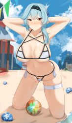 Rule 34 | 1girl, absurdres, armpits, arms behind head, arms up, bare arms, bare shoulders, beach, bikini, blue hair, bow, breasts, cameltoe, cleavage, day, eula (genshin impact), frown, genshin impact, groin, hair over shoulder, hairband, halterneck, halterneck, highres, jean (genshin impact), kneeling, large breasts, long hair, looking at viewer, navel, nvl, outdoors, side-tie bikini bottom, skindentation, solo, stomach, string bikini, swimsuit, thigh strap, thighs, v-shaped eyebrows, wet, white bikini, yellow eyes