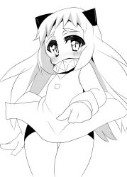 Rule 34 | 10s, 1girl, abyssal ship, blush, cowboy shot, dress, greyscale, highres, horns, kantai collection, long hair, looking at viewer, mittens, monochrome, northern ocean princess, simple background, solo, thigh gap, white background, yuib3 (yuibitch)