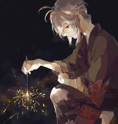 Rule 34 | 1boy, alternate costume, antenna hair, black background, closed mouth, commentary request, fireworks, genshin impact, highres, japanese clothes, kaedehara kazuha, kimono, leaf print, male focus, multicolored hair, night, outdoors, red eyes, red hair, shiraishi (siraisi00), simple background, solo, sparkler, squatting, streaked hair, white hair, wide sleeves, yukata