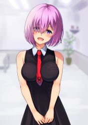 Rule 34 | 1girl, :d, absurdres, bad id, bad pixiv id, black dress, blunt bangs, breast pocket, breasts, breasts apart, collared dress, dress, eyes visible through hair, fate/grand order, fate (series), furan (pixiv20237436), hair between eyes, hair over one eye, head tilt, highres, looking at viewer, mash kyrielight, medium breasts, necktie, open mouth, pink hair, pleated dress, pocket, print necktie, purple eyes, red necktie, short hair, sleeveless, sleeveless dress, smile, solo, standing