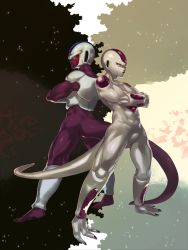 Rule 34 | 2boys, back-to-back, black background, brothers, cooler (dragon ball), crossed arms, dragon ball, dragonball z, expressionless, frieza, full body, grey background, height difference, highres, looking at another, looking back, male focus, mayo cha, multicolored background, multiple boys, profile, serious, siblings, standing, star (sky), star (symbol), starry background, tail, white background