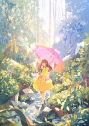 Rule 34 | 1girl, atelier umiyury, bag, black footwear, boots, brown hair, commentary, day, flower, forest, full body, grass, highres, holding, holding umbrella, long hair, long sleeves, nature, original, outdoors, pink umbrella, rain, river, rock, shoulder bag, signature, solo, tree, umbrella, walking, yellow raincoat
