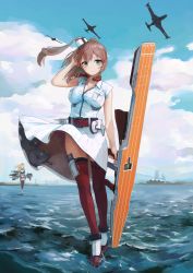 Rule 34 | 10s, 2girls, absurdres, aircraft, airplane, belt, blonde hair, blue eyes, blue sky, breast pocket, breasts, brown hair, cloud, cloudy sky, day, dress, flight deck, full body, highres, iowa (kancolle), kantai collection, large breasts, long hair, looking at viewer, multiple girls, neckerchief, outdoors, pocket, ponytail, red legwear, red neckerchief, saratoga (kancolle), side ponytail, sky, smile, solo focus, thighhighs, treeware, walking, walking on liquid, water, white dress, wind, wind lift