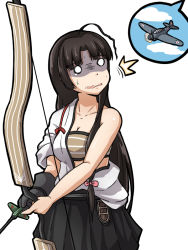 Rule 34 | 10s, 1girl, ahoge, aircraft, airplane, arrow (projectile), black hair, bow (weapon), crying, crying with eyes open, gloom (expression), holding, kantai collection, long hair, pleated skirt, sarashi, shouhou (kancolle), skirt, solo, ^^^, sweat, tasuki, tears, weapon, yukimi unagi