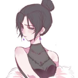 Rule 34 | 1girl, alternate costume, apex legends, black dress, black hair, blue eyes, chinese commentary, collarbone, dress, earrings, embarrassed, fur scarf, hair behind ear, hair bun, halter dress, halterneck, highres, jewelry, liangcha126, looking down, parted bangs, scarf, single hair bun, sketch, solo, white background, white scarf, wraith (apex legends)