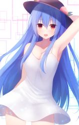 Rule 34 | 1girl, :d, alternate costume, arm behind head, arm up, armpits, bare arms, bare shoulders, black headwear, blue hair, breasts, casual, cleavage, collarbone, commentary request, cowboy shot, dress, firepo, food, fruit, hair between eyes, highres, hinanawi tenshi, long hair, looking at viewer, medium breasts, open mouth, peach, red eyes, sleeveless, sleeveless dress, smile, solo, spaghetti strap, standing, touhou, white dress