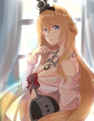 Rule 34 | 1girl, absurdres, black hairband, blonde hair, blue eyes, braid, breasts, cleavage, crown, dress, flower, french braid, globus cruciger, hairband, highres, huge filesize, kantai collection, long hair, long sleeves, looking at viewer, medium breasts, mini crown, neckerchief, off-shoulder dress, off shoulder, panda (heart sink), red flower, red ribbon, red rose, ribbon, rose, solo, upper body, warspite (kancolle), white dress, window