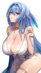 Rule 34 | 1girl, absurdres, armlet, bare shoulders, blue eyes, blue hair, braid, breasts, circlet, cleavage, dress, evening gown, french braid, goddess of victory: nikke, gold choker, hair between eyes, helm (chandelier) (nikke), helm (nikke), highres, huge breasts, jewelry, kaki z3, long hair, necklace, solo, strap pull, thick thighs, thighlet, thighs, white background, white dress