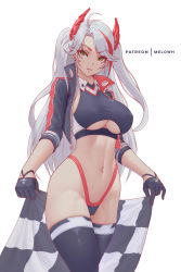 Rule 34 | 1girl, absurdres, azur lane, breasts, clothing cutout, collared jacket, commentary request, cowboy shot, forehead, gloves, green eyes, hair ornament, half gloves, highleg, highres, holding, jacket, large breasts, long hair, looking at viewer, melowh, multicolored hair, navel, no bra, official alternate costume, open clothes, open jacket, parted lips, pasties, patreon username, prinz eugen (azur lane), prinz eugen (final lap) (azur lane), race queen, red hair, simple background, solo, stomach, thighhighs, two-tone hair, two side up, underboob cutout, v-shaped eyebrows, white background, white hair