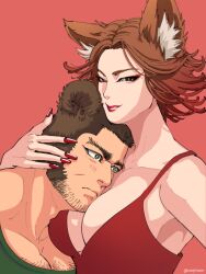 Rule 34 | 1boy, 1girl, alternate costume, animal ears, bear ears, beard, black hair, breasts, brown hair, buzz cut, chest hair peek, cleavage, couple, dress, eyelashes, eyeshadow, face to breasts, facial hair, fox ears, goatee stubble, golden kamuy, hand on another&#039;s head, inkarmat, kemonomimi mode, large breasts, large pectorals, light blush, long sideburns, looking at viewer, makeup, mature male, muscular, muscular male, nopinzo, pectoral cleavage, pectorals, red dress, red lips, red nails, seductive smile, short hair, sideburns, smile, stubble, tanigaki genjirou, thick eyebrows, very short hair, wide-eyed