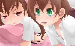 Rule 34 | 1boy, 1girl, :d, bed, brother and sister, brown hair, cellphone, collared shirt, crossdressing, dress shirt, expressionless, green eyes, hair bobbles, hair ornament, half-closed eyes, highres, iphone, long hair, looking at another, lying, naughty face, hugging object, open mouth, original, parted lips, phone, pillow, pillow hug, red eyes, revision, school uniform, shirt, short hair, short sleeves, siblings, smartphone, smile, sweat, trap, white shirt, yuki18r