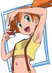 Rule 34 | 1girl, armpits, asymmetrical hair, breasts, creatures (company), eyelashes, female focus, game freak, green eyes, gym leader, hainchu, hair between eyes, hair tie, highres, holding, legs, looking at viewer, medium breasts, misty (pokemon), navel, nintendo, orange hair, poke ball, pokemon, pokemon (anime), pokemon (classic anime), ponytail, shirt, short hair, side ponytail, small breasts, smile, solo, suspenders, tank top, thighs, yellow shirt, yellow tank top