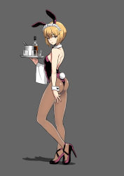 Rule 34 | 1girl, alternate costume, animal ears, ass, back, backless outfit, bare back, black bow, black bowtie, black footwear, black leotard, blonde hair, blunt bangs, bottle, bow, bowtie, breasts, closed mouth, collar, contrapposto, cup, cutlass (girls und panzer), detached collar, drinking glass, fake animal ears, fake tail, full body, girls und panzer, glasses, grey background, half-closed eyes, heel up, high heels, highleg, highleg leotard, holding, holding tray, legs, leotard, light frown, looking at viewer, maid headdress, pantyhose, playboy bunny, rabbit ears, rabbit tail, sabaku chitai, shadow, short hair, simple background, small breasts, solo, standing, strapless, strapless leotard, tail, towel, tray, white collar, wrist cuffs, yellow eyes