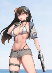Rule 34 | 1girl, bikini, black choker, black gloves, black hair, blue sky, blush, breasts, brown eyes, choker, cleavage, collarbone, cowboy shot, cropped jacket, day, earrings, facial mark, finger to mouth, gloves, gold, grey bikini, grey shorts, groin, gun, highleg, highleg bikini, highres, holding, holding gun, holding weapon, hoop earrings, ihobus, jacket, jewelry, large breasts, long hair, navel, ocean, open clothes, open jacket, open mouth, original, outdoors, partially fingerless gloves, short shorts, shorts, sidelocks, skindentation, sky, solo, stomach, swimsuit, thigh strap, thighs, visor cap, weapon, white bikini