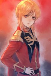 Rule 34 | 1girl, char aznable, char aznable (cosplay), cosplay, eyebrows hidden by hair, flat chest, from side, frown, gloves, gundam, gundam zz, hand on own hip, highres, looking at viewer, mobile suit gundam, orange eyes, purple eyes, puru two, red background, solo, takeda yuuko, v-shaped eyebrows, white gloves, zeon