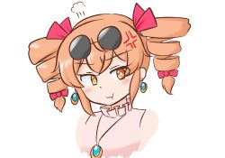 Rule 34 | 1girl, :t, puff of air, anger vein, blush, bow, cropped torso, dress, drill hair, earrings, eyewear on head, hair bow, jewelry, looking at viewer, mizusoba, necklace, no headwear, orange eyes, orange hair, pendant, pout, ribbon, simple background, solo, sunglasses, touhou, twin drills, twintails, upper body, white background, yorigami jo&#039;on