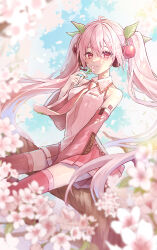 Rule 34 | 1girl, absurdres, alternate color, bare shoulders, blurry, blurry foreground, blush, cherry blossoms, cherry hair ornament, closed mouth, collared shirt, commentary, cowboy shot, day, detached sleeves, floating hair, flower, food-themed hair ornament, hair between eyes, hair ornament, hatsune miku, highres, holding, holding flower, in tree, long hair, long sleeves, looking at viewer, necktie, official alternate costume, outdoors, pink flower, pink hair, pink necktie, pink skirt, pink sleeves, pink thighhighs, pleated skirt, sakura miku, shirt, sitting, sitting in tree, skirt, sleeveless, sleeveless shirt, smile, soda dokka ikou, solo, spring (season), symbol-only commentary, thighhighs, tree, twintails, very long hair, vocaloid, white shirt