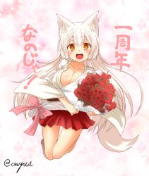Rule 34 | 1girl, animal ear fluff, animal ears, blonde hair, bouquet, breasts, cleavage, eyebrows, fang, flower, fox ears, fox tail, hakama, hakama short skirt, hakama skirt, japanese clothes, kohaku (yua), large breasts, long hair, looking at viewer, miko, open mouth, original, red flower, red rose, rose, shirt, silver hair, skirt, smile, solo, tail, thick eyebrows, translation request, very long hair, yellow eyes, yua (checkmate)