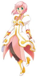 Rule 34 | 00s, 1girl, boots, dress, estellise sidos heurassein, full body, gloves, green eyes, knee boots, lowres, micha (chaho), pants, pink hair, short hair, smile, solo, tales of (series), tales of vesperia, white gloves