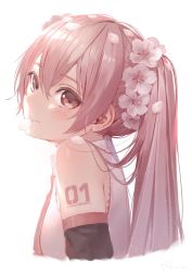 Rule 34 | 1girl, bad id, bad twitter id, bare shoulders, blush, character name, cherry blossoms, cropped torso, detached sleeves, flower, from side, hair between eyes, hair flower, hair ornament, hatsune miku, head tilt, long hair, looking at viewer, looking to the side, mouth hold, necktie, petals, pink eyes, pink flower, pink hair, pink necktie, ponytail, ryota (ry o ta), sakura miku, shirt, shoulder tattoo, sidelocks, signature, simple background, smile, solo, sunlight, tattoo, upper body, vocaloid, white background, white shirt