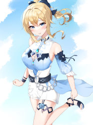 Rule 34 | 1girl, absurdres, adjusting clothes, adjusting shoe, black footwear, blonde hair, blue eyes, blue sky, bow, cloud, cloudy sky, commentary request, detached sleeves, futon fly away, genshin impact, hair between eyes, hair bow, hair ribbon, head tilt, highres, jean (genshin impact), jean (sea breeze dandelion) (genshin impact), long hair, looking at viewer, ponytail, ribbon, sandals, sidelocks, sky, smile, solo, standing, standing on one leg, swimsuit