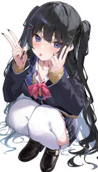 Rule 34 | 1girl, amagasa yun, black footwear, black hair, black jacket, black nails, black skirt, blazer, blue eyes, bow, bowtie, breasts, brown sweater, collared shirt, double v, fingernails, frilled skirt, frills, hair ornament, hairclip, hands up, highres, jacket, loafers, long hair, looking at viewer, miniskirt, nail polish, nijisanji, plaid, plaid skirt, pleated skirt, school uniform, sharp fingernails, shirt, shoes, simple background, skirt, small breasts, solo, squatting, sweater, sweater under jacket, thighhighs, tongue, tongue out, tsukino mito, two side up, undershirt, v, very long hair, virtual youtuber, white background, white shirt, white thighhighs, wing collar