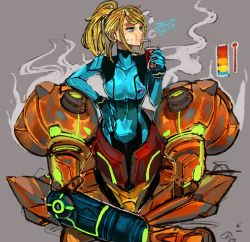 Rule 34 | 1girl, arm cannon, arm support, armor, blonde hair, blue bodysuit, blue eyes, blue gloves, bodysuit, breasts, cheek bulge, commentary, covered collarbone, covered navel, cup, dated, disposable cup, drinking, drinking straw, drinking straw in mouth, gloves, grey background, half-closed eyes, high ponytail, holding, large breasts, liquid-in-glass thermometer, long hair, looking away, messy hair, metroid, nintendo, ponytail, power armor, sam wells, samus aran, shoulder armor, sidelocks, signature, simple background, solo, standing, steam, sweat, swept bangs, thermometer, weapon, zero suit