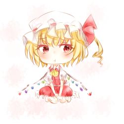 Rule 34 | 1girl, :t, ascot, bad id, bad pixiv id, blonde hair, chibi, facing viewer, flandre scarlet, hands on lap, hat, hat ribbon, looking away, mob cap, ookamisama, pout, puffy short sleeves, puffy sleeves, red eyes, ribbon, seiza, short hair, short sleeves, side ponytail, simple background, sitting, sketch, skirt, skirt set, solo, touhou, white background, wings