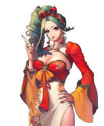Rule 34 | 1girl, aqua hair, asymmetrical hair, bangle, bracelet, braid, breasts, cleavage, cowboy shot, earrings, hairband, hand on own hip, highres, jewelry, large breasts, looking at viewer, nail polish, official art, parted lips, raised index figure, red eyes, red nails, ring, side braid, solo, wide sleeves, yeonjun park