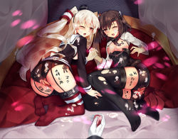 Rule 34 | 10s, 2girls, amatsukaze (kancolle), ass, bike shorts, black legwear, blush, breasts, brown eyes, brown hair, cameltoe, clothes pull, cum, cum in pussy, dress, garter straps, gloves, hair tubes, headband, highres, interlocked fingers, kantai collection, long hair, looking at viewer, lying, multiple girls, on side, open mouth, panties, pantylines, pov, pussy, red eyes, red legwear, sailor dress, school uniform, serafuku, shiny clothes, short hair, silver hair, skirt, skirt pull, taihou (kancolle), thighhighs, uncensored, underwear, zhu fun