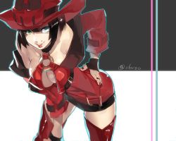 Rule 34 | 1girl, bad id, bad pixiv id, belt, bent over, black hair, blue eyes, boots, breasts, collar, collarbone, female focus, green eyes, guilty gear, hand on own hip, hanging breasts, hat, heterochromia, hyakuhachi (over3), i-no, large breasts, leaning forward, leather, leather boots, lipstick, makeup, mole, nail polish, no bra, o-ring, o-ring top, red hat, red lips, red nails, red thighhighs, short hair, skull, smile, solo, thigh boots, thighhighs, underboob, witch hat, zettai ryouiki
