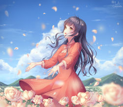 Rule 34 | 1girl, :d, black hair, blue sky, day, dress, field, floating hair, flower, flower field, la campanella, long hair, open mouth, orange dress, original, outdoors, outstretched hand, petals, rose, sky, smile, solo, sundress, very long hair, white flower, white neckwear, white rose, yellow eyes