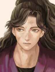 Rule 34 | 1boy, ayabe kihachirou, brown eyes, brown hair, closed mouth, dirty, dirty face, grey background, highres, japanese clothes, long hair, looking away, male focus, ponytail, portrait, rakudai ninja rantarou, sideways glance, simple background, snr snr, solo