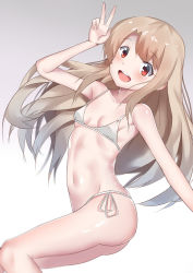 Rule 34 | 1girl, :d, absurdres, ass, bikini, blush, breasts, collarbone, fate/kaleid liner prisma illya, fate (series), highres, illyasviel von einzbern, long hair, looking at viewer, lying, navel, on side, open mouth, parted bangs, red eyes, side-tie bikini bottom, small breasts, smile, solo, swimsuit, v, vitotraps, white bikini, white hair