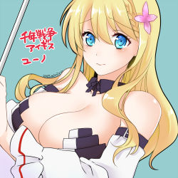 Rule 34 | 1girl, artist name, bare shoulders, blonde hair, blue background, blue eyes, blush, braid, breasts, character name, cleavage, copyright name, dated, detached collar, detached sleeves, female focus, flower, french braid, hair between eyes, hair flower, hair ornament, juno (sennen sensou aigis), large breasts, long hair, looking at viewer, lowres, miniru, revealing clothes, sennen sensou aigis, shy, sidelocks, solo, upper body, wavy mouth