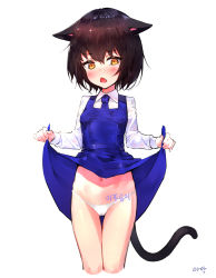 Rule 34 | 1girl, aak, animal ears, bad id, bad pixiv id, black hair, blue dress, blue necktie, brown eyes, cat ears, cat tail, clothes lift, dress, dress lift, fang, highres, lifting own clothes, lowleg, lowleg panties, navel, necktie, open mouth, original, panties, shirt, short hair, simple background, solo, tail, thigh gap, underwear, white background, white panties, white shirt