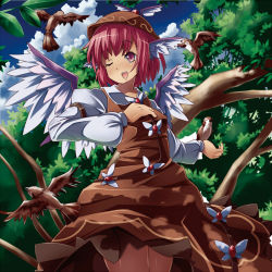Rule 34 | 1girl, animal, animal ears, bird, clothes lift, day, female focus, mikan (bananoha), mystia lorelei, nature, one eye closed, outdoors, pink hair, purple eyes, short hair, skirt, skirt lift, solo, touhou, wings, wink