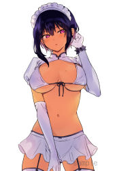 Rule 34 | 1girl, bikini, bikini top only, black hair, breasts, breasts apart, commentary request, cowboy shot, dark-skinned female, dark skin, elbow gloves, front-tie bikini top, front-tie top, garter straps, gloves, hand up, highres, konbu wakame, large breasts, lilith (saikin yatotta maid ga ayashii), looking at viewer, maid headdress, miniskirt, mole, mole on breast, navel, parted lips, purple eyes, revealing clothes, saikin yatotta maid ga ayashii, sample watermark, scrunchie, short hair, short sleeves, shrug (clothing), simple background, skirt, solo, stomach, swimsuit, textless version, thighhighs, watermark, white background, white bikini, white gloves, white skirt, white thighhighs, wrist scrunchie, zettai ryouiki