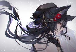 Rule 34 | 1girl, adjusting clothes, adjusting headwear, animal ears, bare shoulders, black gloves, black hair, closed eyes, closed mouth, flower, from side, gloves, granblue fantasy, hair flower, hair ornament, ilsa (granblue fantasy), kogome (azalea4), long hair, red flower, simple background, smile, solo