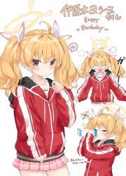 Rule 34 | &gt; &lt;, absurdres, blonde hair, blue archive, blush, brown eyes, carton, collarbone, drinking, flying sweatdrops, full-face blush, hair ribbon, halo, highres, jacket, k63sss, looking at viewer, miniskirt, open mouth, red jacket, ribbon, skirt, track jacket, twintails, yoshimi (blue archive)