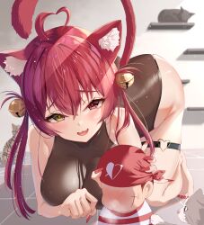 Rule 34 | 1girl, absurdres, all fours, animal ear fluff, animal ears, bare shoulders, barefoot, bell, black leotard, blush, breasts, cat, cat ears, cat girl, cat tail, fang, hair bell, hair ornament, heart, heterochromia, highres, hololive, houshou marine, indoors, jingle bell, large breasts, leotard, long hair, looking at viewer, nail polish, open mouth, puripuri, red hair, red nails, scar, solo, steam, steaming body, sweatdrop, tail, thigh strap, thighs, twintails, virtual youtuber, wavy mouth