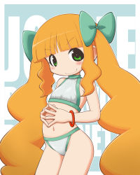 Rule 34 | smile, aqua bow, arched back, bare shoulders, bikini, blonde hair, blunt bangs, blush, bow, child, closed mouth, cowboy shot, eiga daisuki pompo-san, flat chest, green eyes, hair bow, highres, joelle pomponett, long hair, looking at viewer, navel, sidelocks, smile, standing, swimsuit, twintails, v-shaped eyebrows, very long hair, wristband, yunji