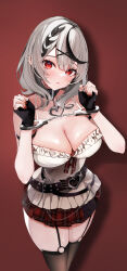 Rule 34 | 1girl, absurdres, black garter straps, black gloves, black thighhighs, breasts, camisole, chain, cleavage, cuffs, ear piercing, fingerless gloves, garter straps, gloves, grey hair, handcuffs, hands up, heart, heart-shaped pupils, highres, hololive, large breasts, looking at viewer, medium hair, miniskirt, multicolored hair, niku (hamuchang), o-ring, parted lips, piercing, plaid, plaid skirt, red background, red eyes, red nails, red skirt, sakamata chloe, sakamata chloe (1st costume), skindentation, skirt, solo, standing, streaked hair, symbol-shaped pupils, thighhighs, thighs, virtual youtuber, white camisole