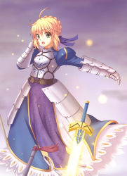 Rule 34 | 1girl, ahoge, armor, armored dress, artoria pendragon (fate), blonde hair, excalibur (fate/stay night), fate/stay night, fate (series), gauntlets, green eyes, hair ribbon, juliet sleeves, kuena, long sleeves, open mouth, outstretched arm, puffy sleeves, ribbon, saber (fate), solo, sword, weapon
