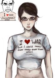 Rule 34 | 1girl, black eyes, black hair, breasts, chudjak, cropped shirt, english text, glasses, heart, highres, large breasts, midriff, noipot, original, ponytail, print shirt, reference inset, shirt, simple background, white background, white shirt