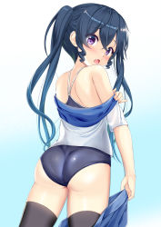 Rule 34 | 1girl, ass, black thighhighs, blue background, blue hair, blue one-piece swimsuit, blue skirt, blush, commentary request, fang, from behind, gradient background, gradient hair, hair between eyes, highres, long hair, looking at viewer, looking back, migumi (niiya), multicolored hair, niiya, off shoulder, one-piece swimsuit, open mouth, original, purple eyes, ringlets, shirt, short sleeves, sidelocks, skirt, skirt around one leg, solo, standing, swimsuit, swimsuit under clothes, thighhighs, twintails, undressing, very long hair, white background, white shirt