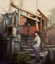 Rule 34 | 1girl, architecture, bad id, bad pixiv id, black hair, east asian architecture, frown, hanno, highres, japanese clothes, jizou, kimono, long hair, low ponytail, obi, original, own hands together, path, road, sandals, sash, scenery, shrine, solo, stone lantern, torii, tree