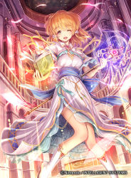 Rule 34 | 1girl, book, boots, brown eyes, brown hair, company connection, copyright name, dress, feathers, fire emblem, fire emblem: genealogy of the holy war, fire emblem cipher, glowing, hair ornament, hairclip, highres, holding, holding staff, indoors, knee boots, lana (fire emblem), looking at viewer, magic, naka (2133455), nintendo, official art, one eye closed, short hair, short sleeves, smile, solo, staff