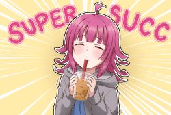 Rule 34 | 1girl, absurdres, blunt bangs, bubble tea, closed eyes, commentary, cowlick, cup, drinking, drinking straw, emphasis lines, english commentary, english text, grey hoodie, highres, hood, hoodie, jan azure, love live!, love live! nijigasaki high school idol club, meme, pink hair, short hair, solo, tennoji rina, trembling